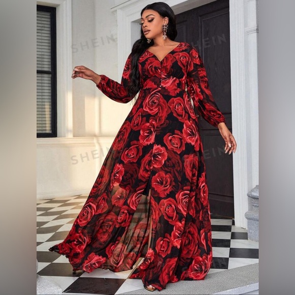 SHEIN Plus Size Lantern Sleeve Rose Dress - Picture 2 of 3